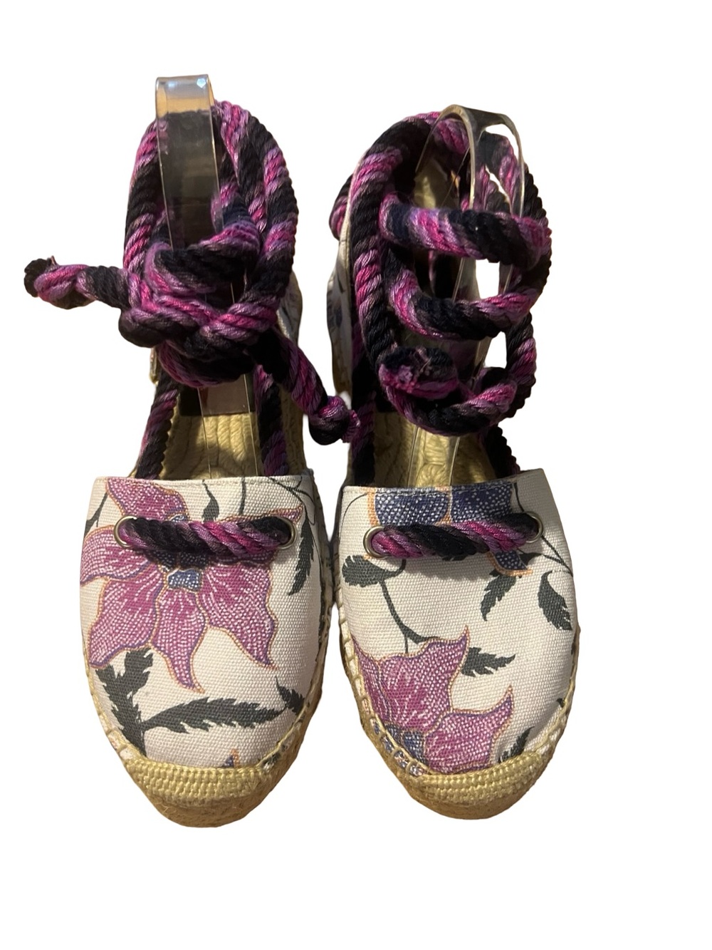 Isabel Marant Floral Canvas Espadrille Wedge Sandals - Pink/Black/Cream 38 7.5